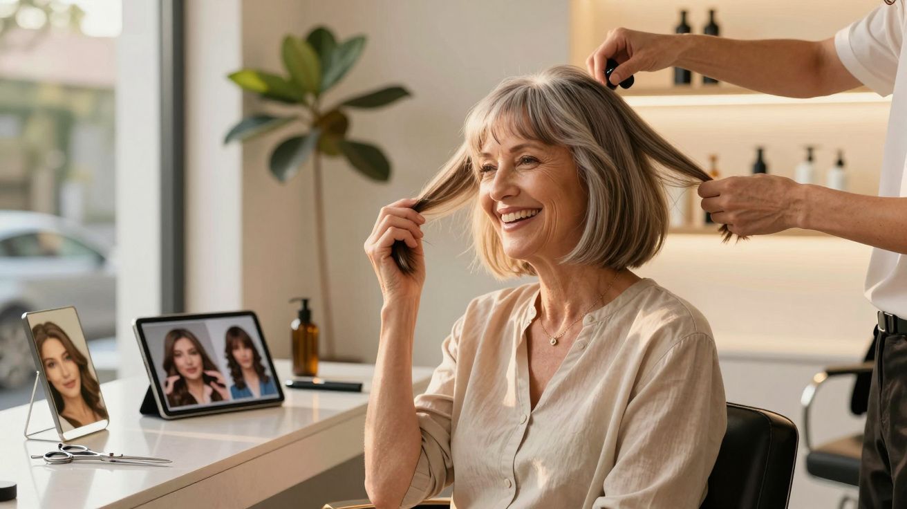 Femeie zâmbitoare la salon, stilistă aranjându-i părul; pe masă se văd tablete cu imagini de coafuri.