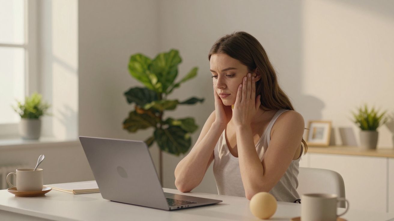 Femeie concentrată lucrând la laptop, la o masă albă, într-o cameră luminoasă, cu plante și căni de ceai.