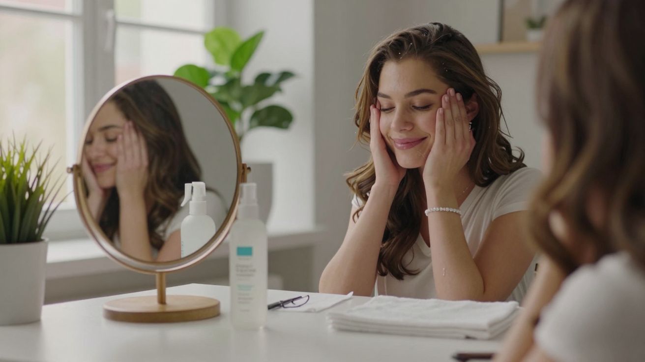 Femeie zâmbitoare își masează fața în fața unei oglinzi, stând la o masă cu produse cosmetice și prosoape albe.