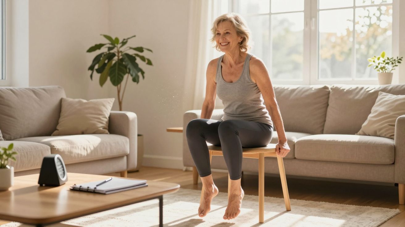 Femeie zâmbitoare face exerciții pe o bancă în sufragerie luminoasă, cu canapea și plante în fundal.