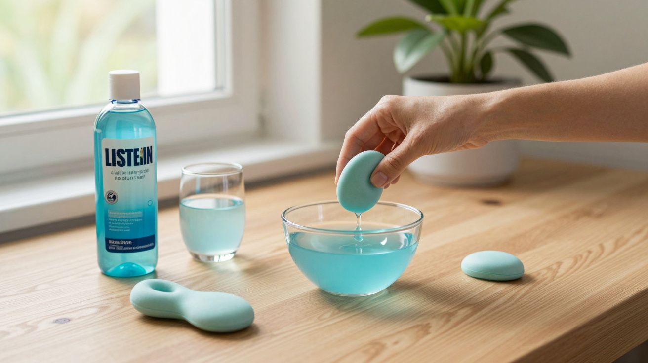 Mână adăugând o pastilă efervescentă într-un bol cu apă albastră pe o masă de lemn, alături de o sticlă de apă de gură.