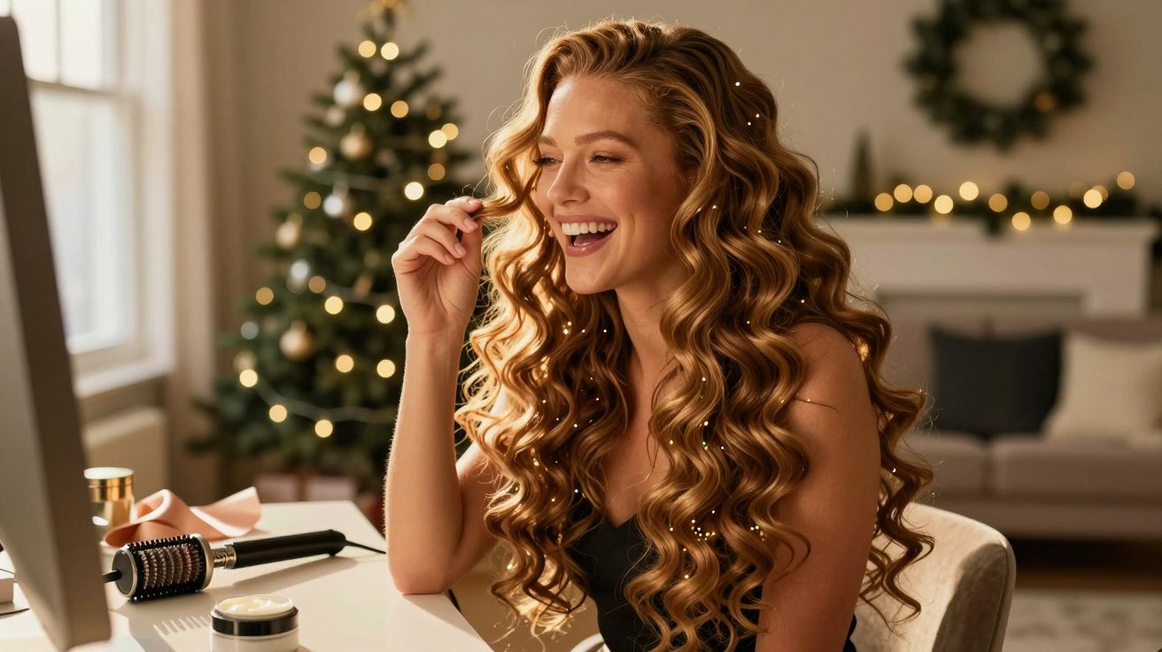 Femeie zâmbind, cu păr ondulat, în fața unui monitor, cu brad de Crăciun decorat în fundal.