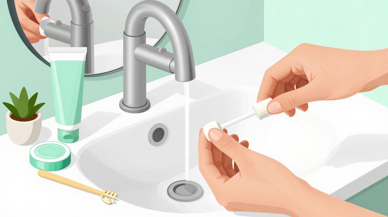 Mâini deschid flacon în baie, lângă chiuvetă. Pe blat sunt o plantă, pastă de dinți și periuță.