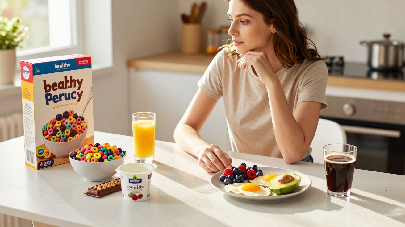 Femeie stând la masă cu cereale, suc, iaurt, cafea, ouă și fructe.