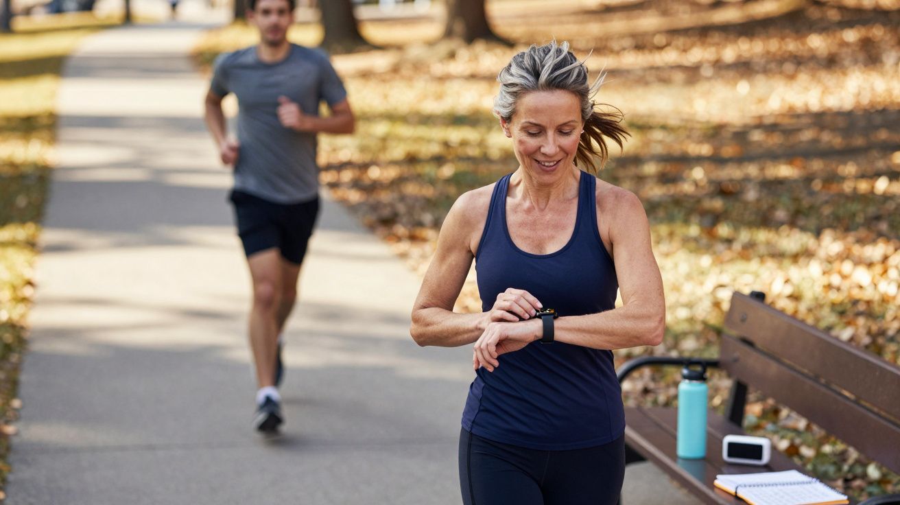 Femeie alergând în parc, verificând un ceas inteligent, cu un bărbat alergând în fundal și bancă cu sticlă și caiet.