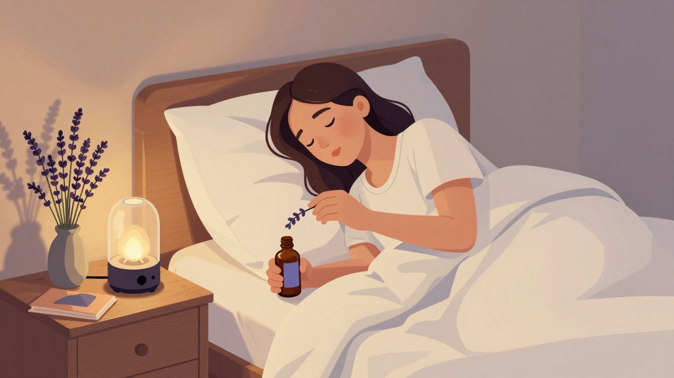 Femeie în pat, relaxându-se cu lavandă și o lampă aprinsă pe noptieră.