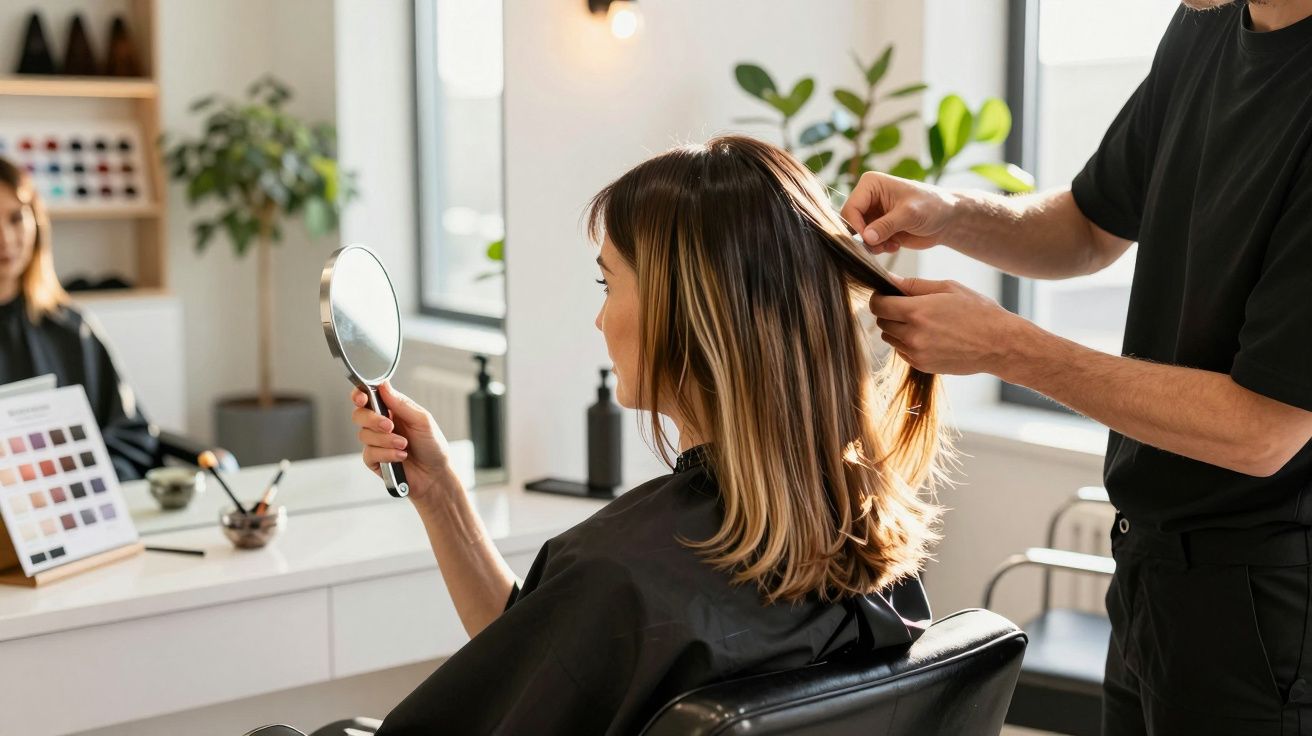 Clientă la coafor, privind în oglindă, în timp ce hairstylistul îi aranjează părul.