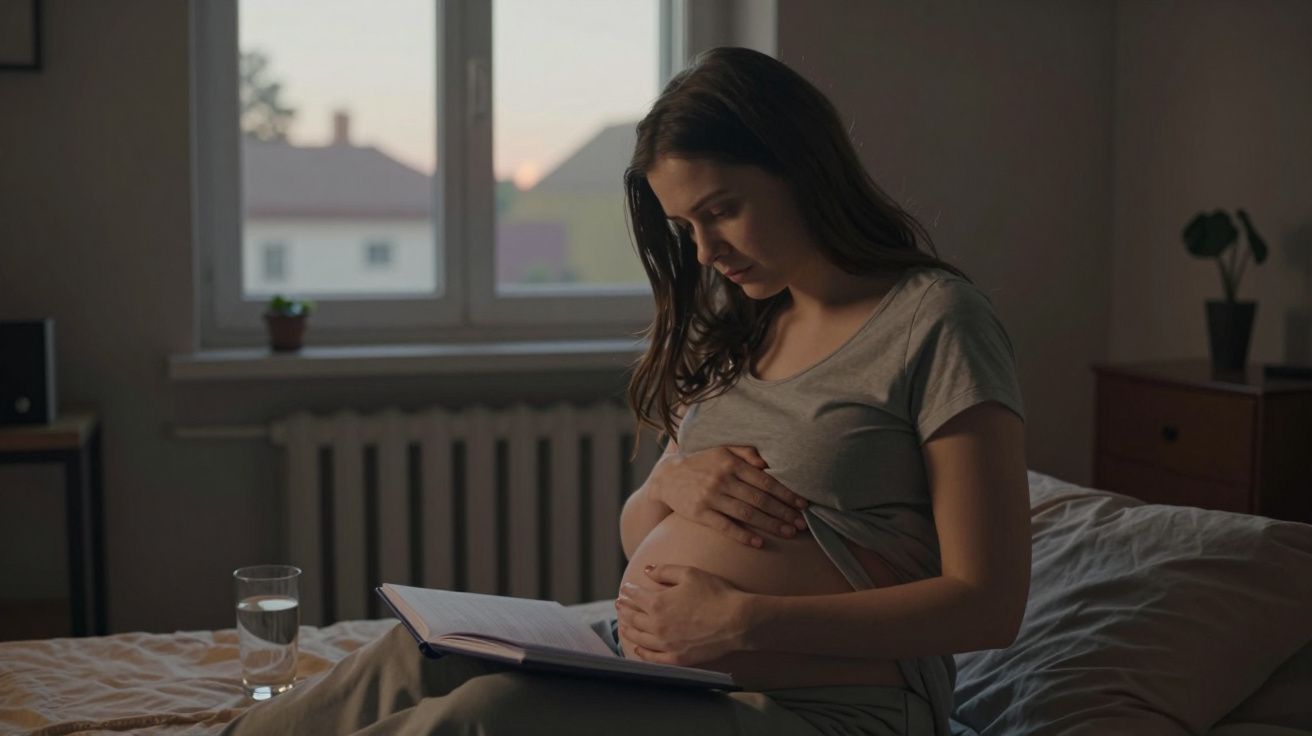 Femeie însărcinată pe pat, citind o carte, mângâindu-și burtica în timp ce stă lângă o fereastră deschisă.