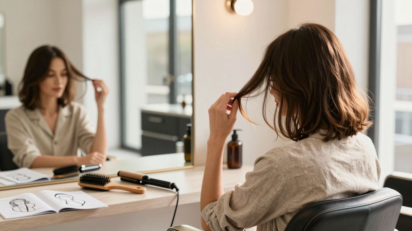 Femeie în salon de coafură, privind în oglindă și ținându-și o șuviță de păr, cu accesorii de coafat pe masă.