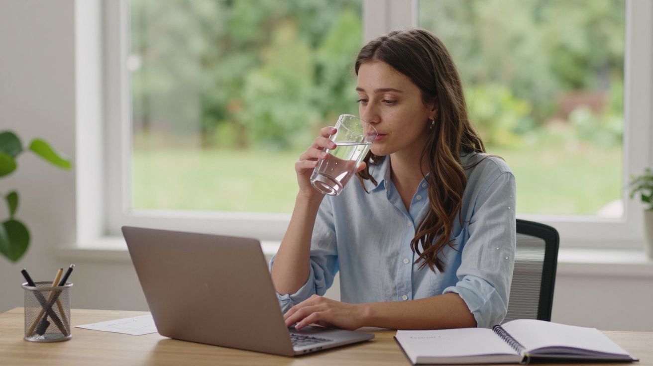 Femeie lucrând la laptop, bând apă din pahar, cu un caiet deschis pe masă, în fața unei ferestre.