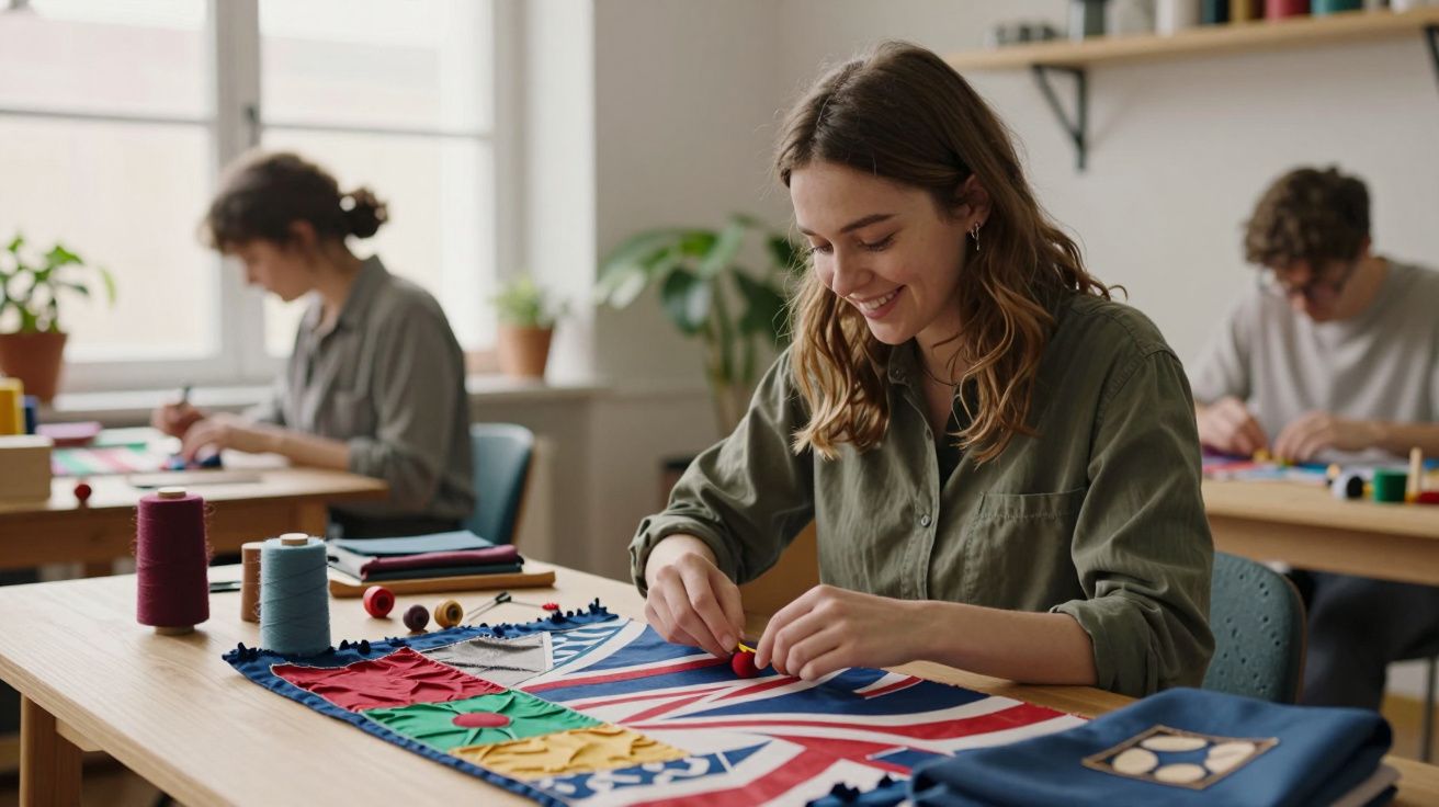 Tânără zâmbește și coase un steag colorat la o masă, cu alte persoane lucrând în fundal.
