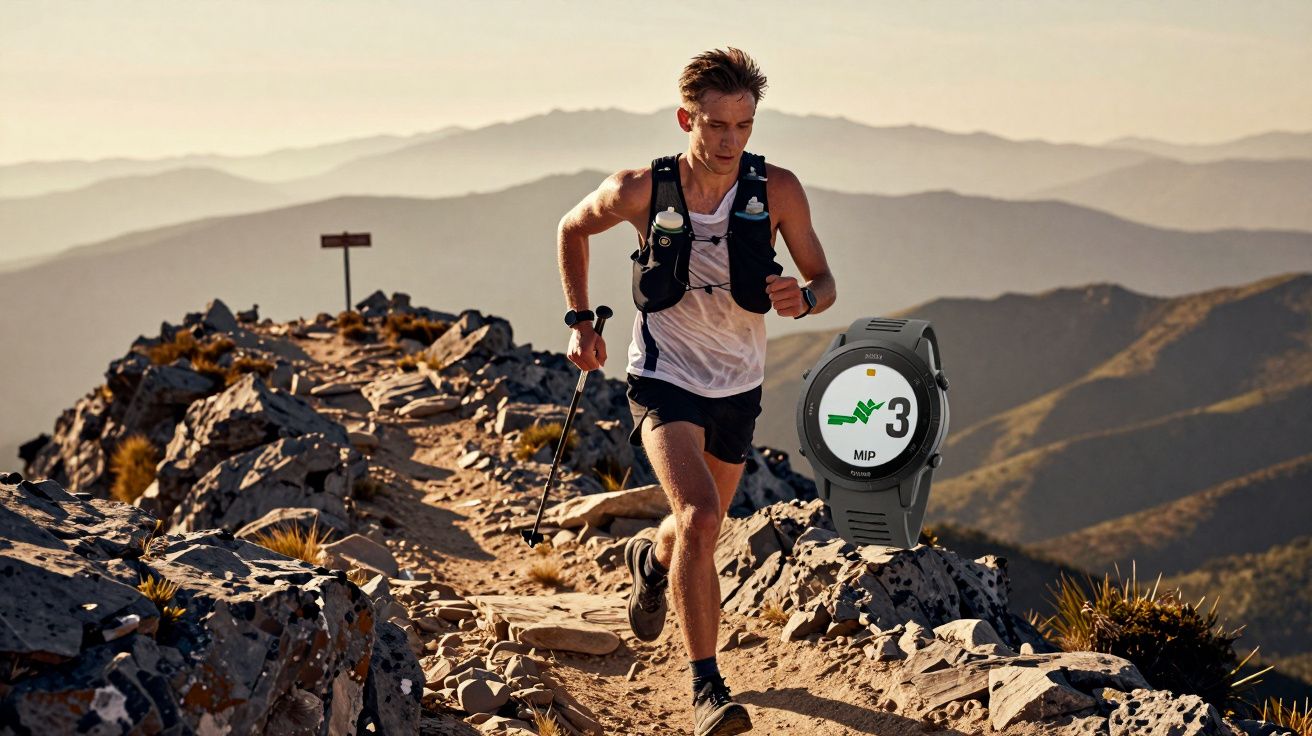 Bărbat alergând pe un traseu montan stâncos, purtând un ceas inteligent pe mâna stângă, cu peisaj montan în fundal.