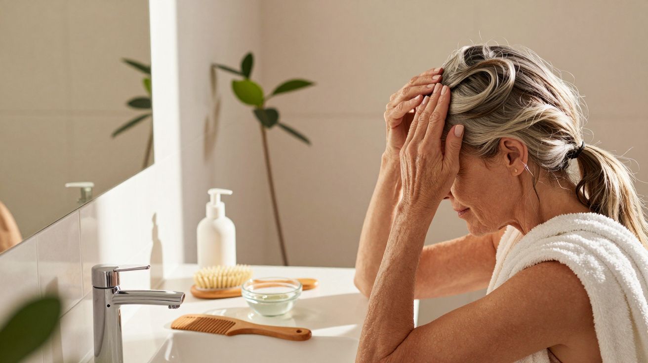 Femeie stresată acoperită cu prosop, lângă chiuvetă, cu pieptene și produse de îngrijire pe blatul din baie.