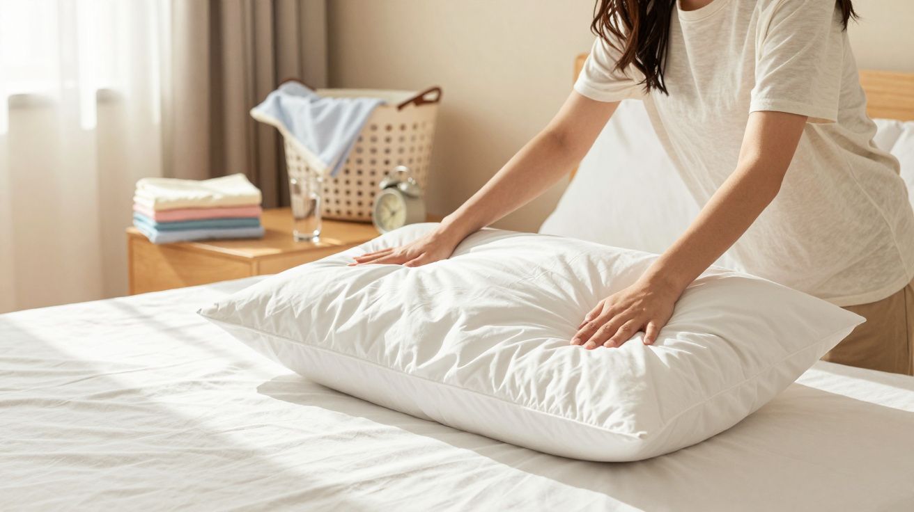 Persoană aranjând o pernă albă pe un pat proaspăt făcut într-o cameră luminoasă.