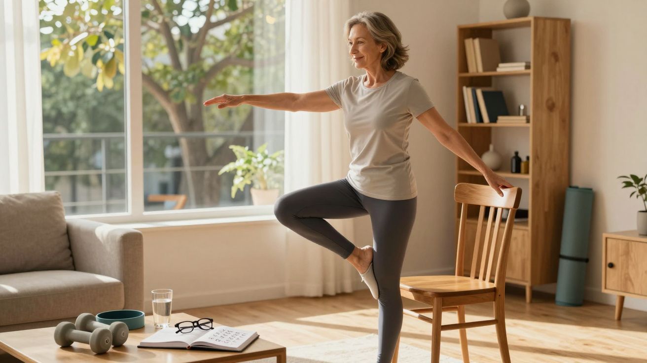 Femeie matură făcând exerciții de echilibru în sufragerie, folosind un scaun pentru suport.