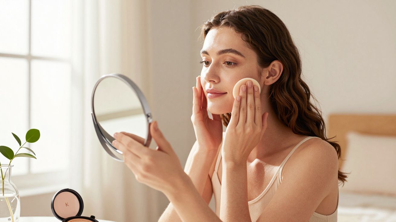 Femeie aplică machiaj folosind un burete și se uită în oglindă, într-o cameră luminoasă.