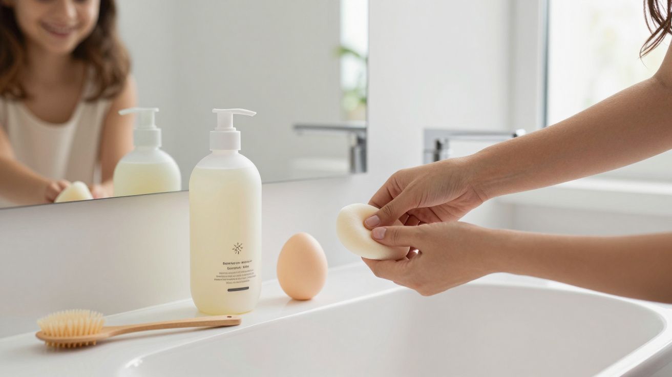 Mâini ținând un săpun pe o chiuvetă albă, cu produse de îngrijire și o perie pe margine, copil în oglindă.