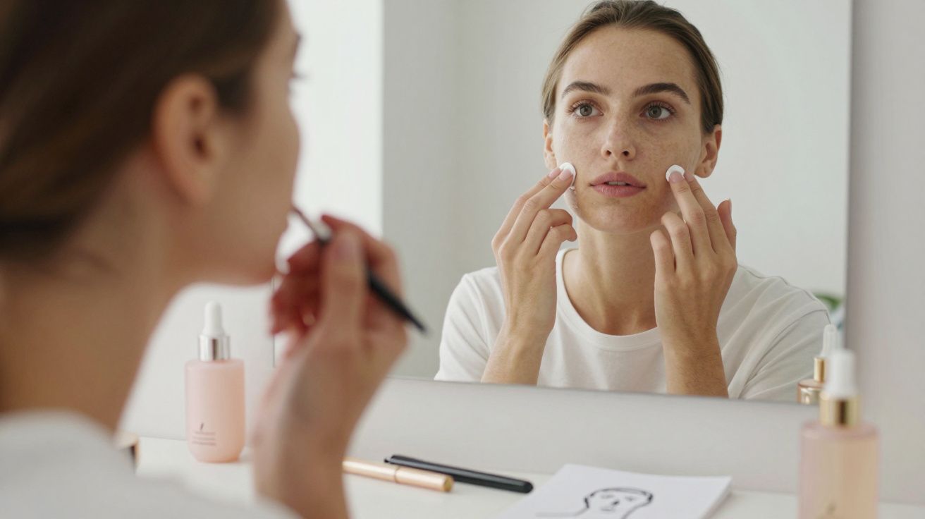 Femeie aplicând cremă pe față în fața unei oglinzi, cu produse cosmetice pe masă.