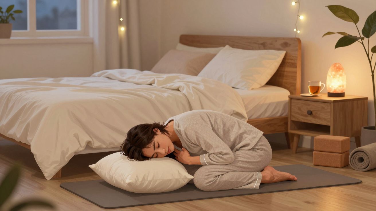 Femeie în pijama gri, odihnindu-se pe o pernă pe podea lângă un pat, într-o cameră decorată cu luminițe și plante.