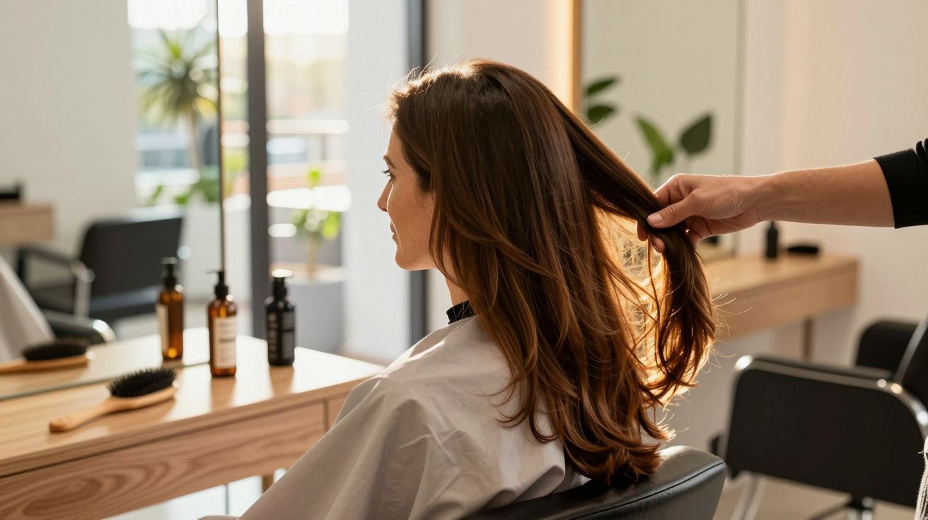 Femeie în salon de coafură, stând pe scaun, cu părul aranjat de un stilist, sticle de produse pe masă alăturată.