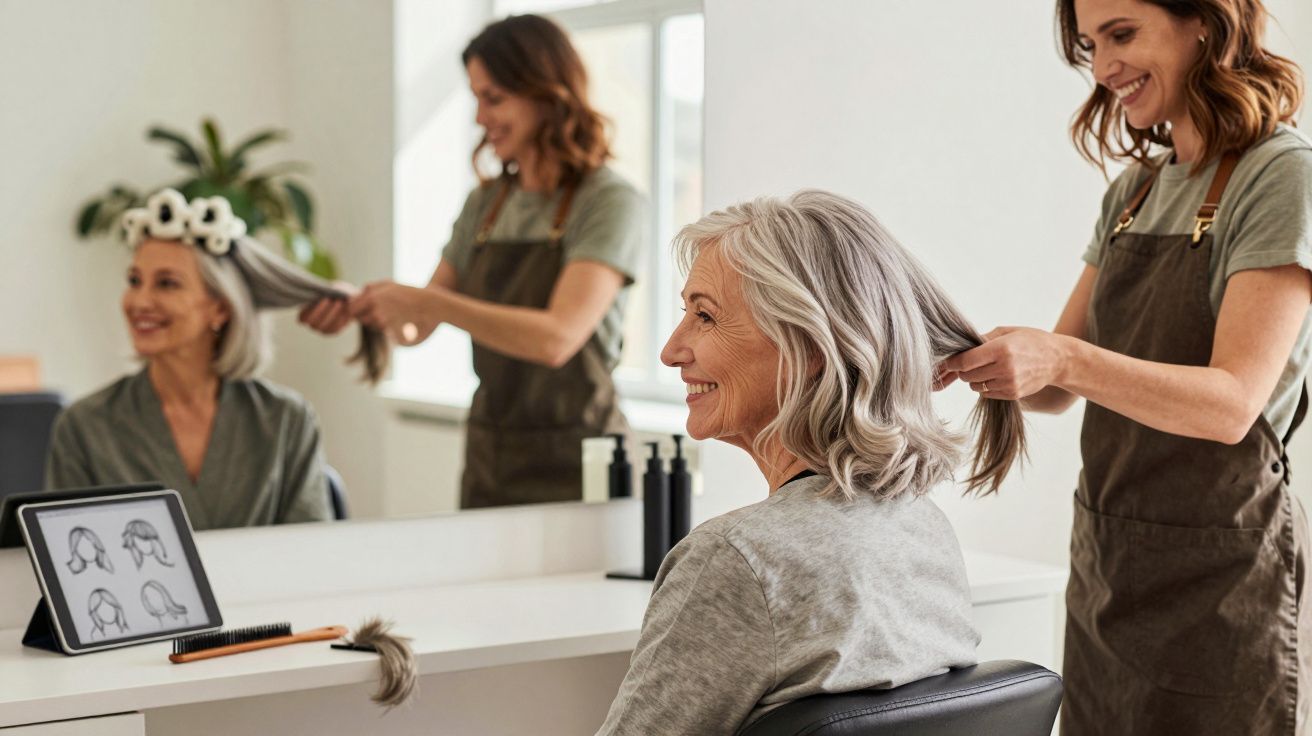 Femeie zâmbitoare la salon, coafată de o stilistă. Tabletă cu imagini de coafuri pe masă, oglindă în spate.