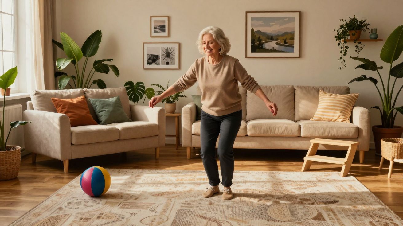 Femeie în vârstă dansând într-un living decorat modern, cu o minge colorată pe jos.
