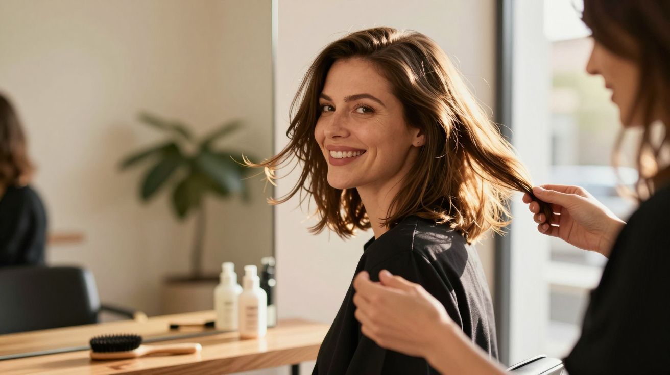 Femeie zâmbitoare la coafor, ținându-se de păr, cu perie și produse de îngrijire pe masă.