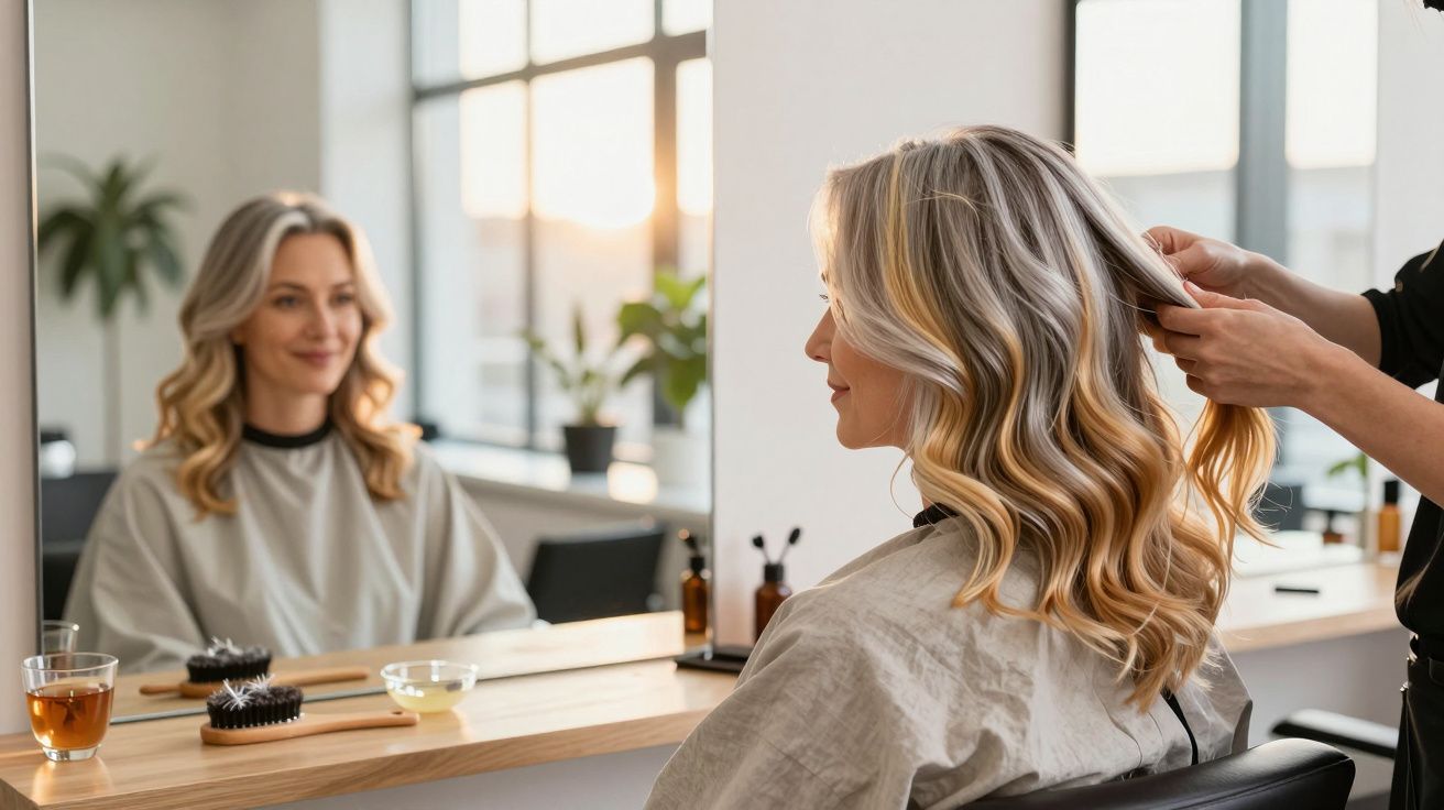 Femeie zâmbitoare la coafor, privind în oglindă în timp ce i se aranjează părul blond și ondulat.