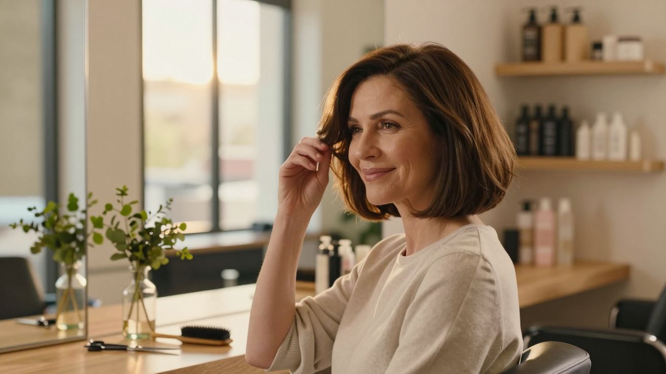 Femeie cu păr scurt șaten, zâmbind și stând la o masă de toaletă într-un salon de înfrumusețare, cu produse pe fundal.