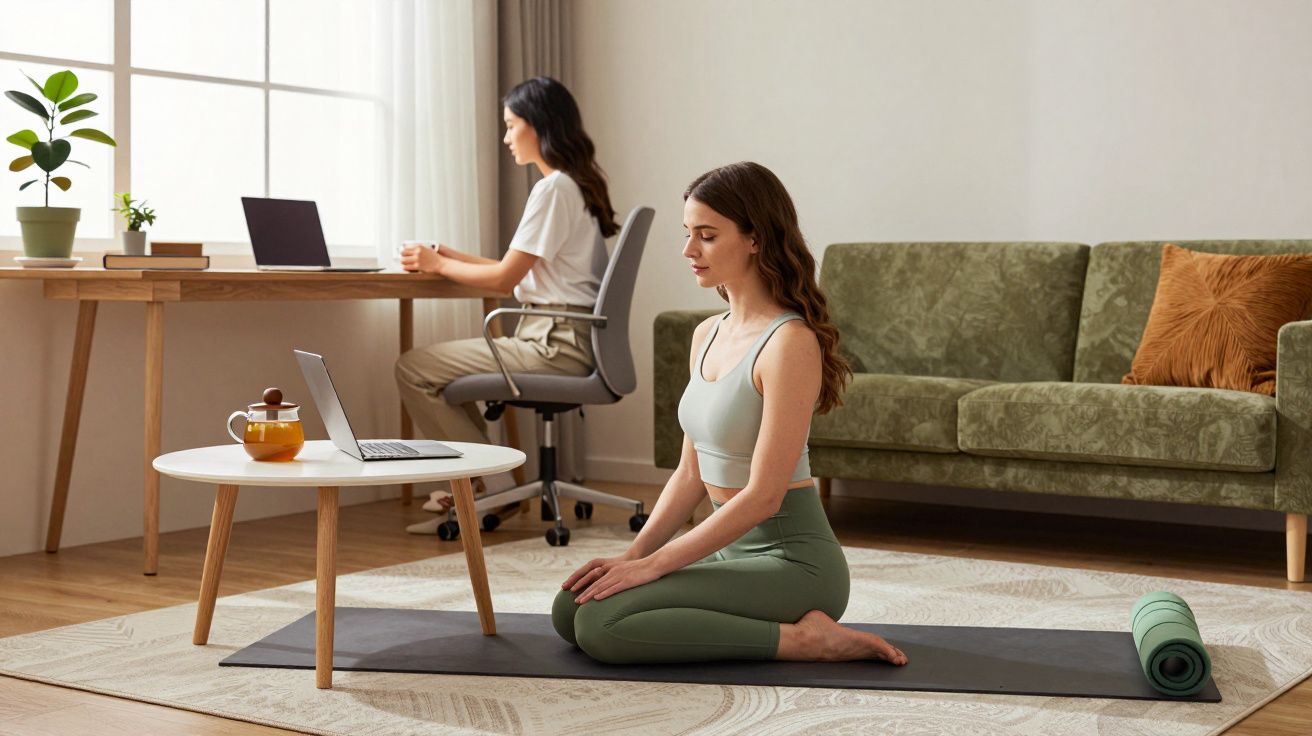 Două femei în cameră: una face yoga pe covoraș, cealaltă lucrează la un laptop la birou.