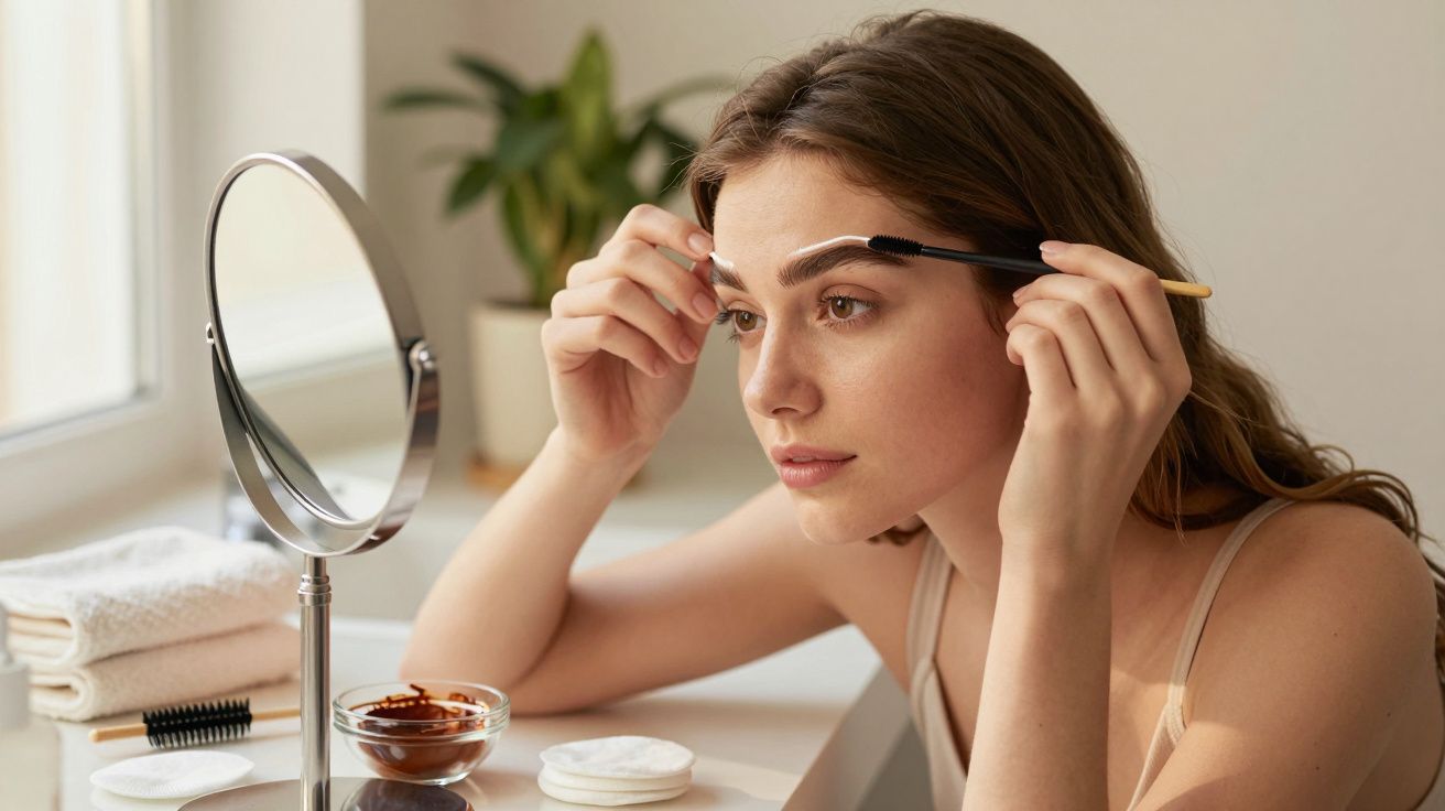 Femeie aplicând vopsea de sprâncene cu o perie mică, privind în oglindă, cu produse cosmetice pe masă.