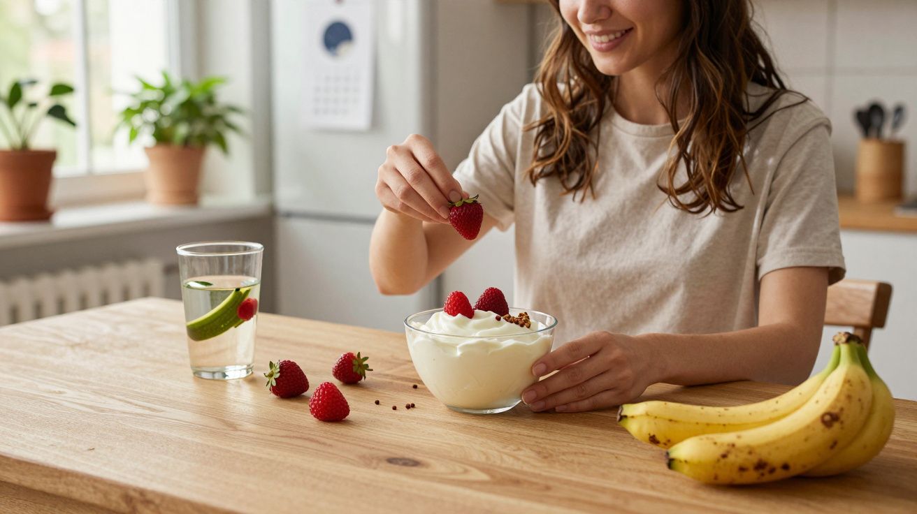 Femeie în bucătărie pune o căpșună într-un bol cu iaurt; pe masă sunt banane, căpșuni și un pahar cu apă.