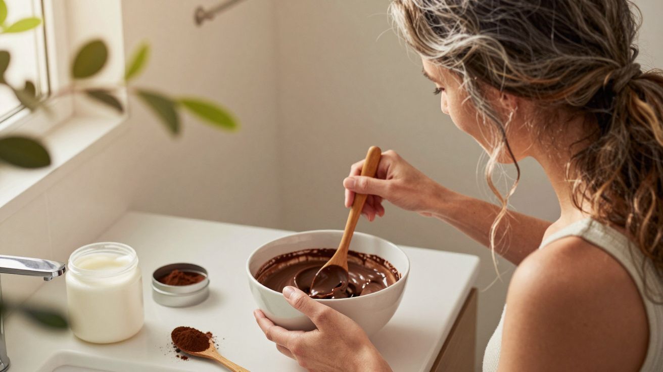 O persoană amestecând ciocolată topită într-un bol, pe blat, lângă borcan cu lapte și cacao