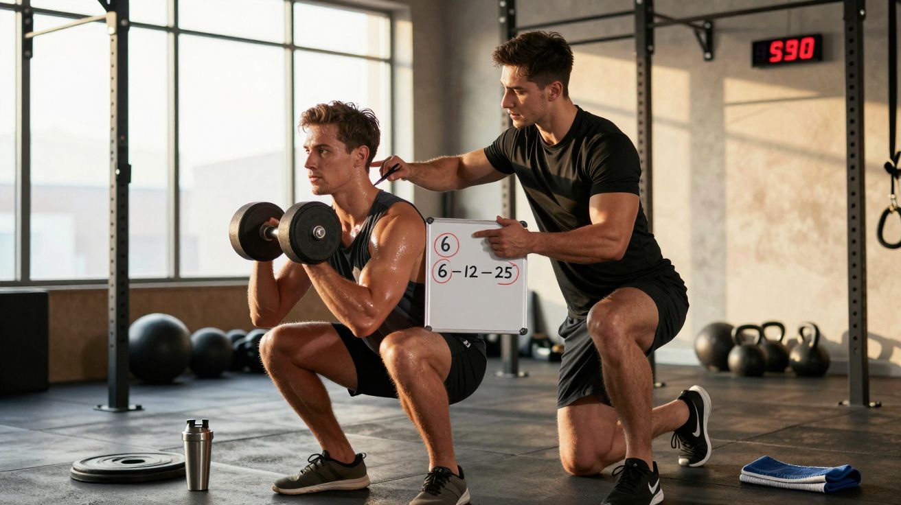 Bărbat face genuflexiuni cu gantere în sală, antrenor arată planul pe o tablă și corectează postura.