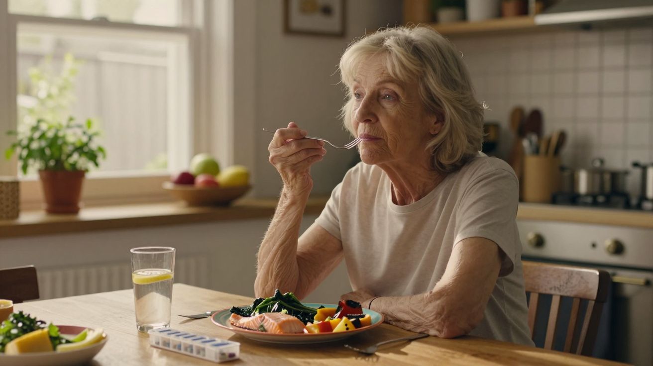 Femeie în vârstă mănâncă la bucătărie: somon și legume, pahar cu apă cu lămâie și cutie de pastile pe masă