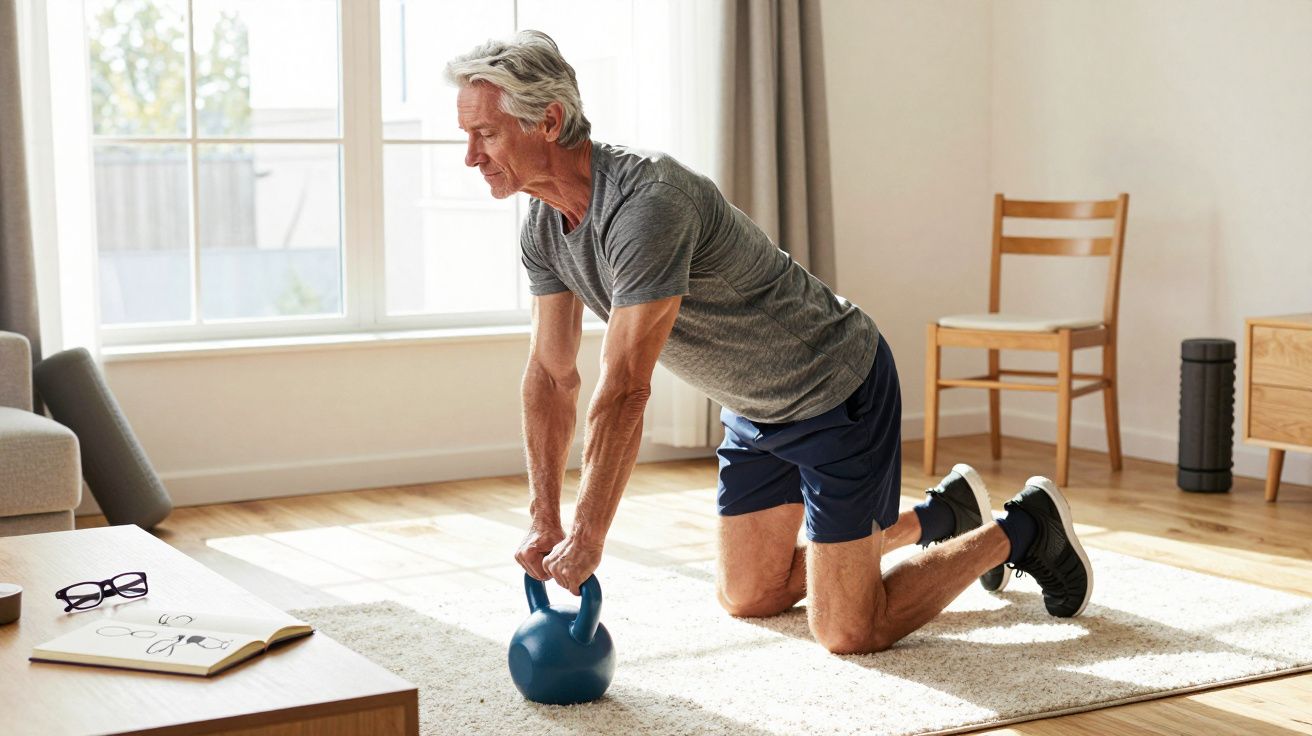 Bărbat în vârstă făcând exerciții cu kettlebell în genunchi, într-un living luminos