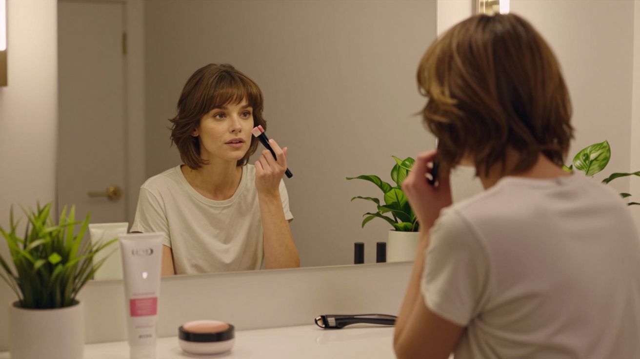 Femeie aplicând fard de obraz în fața oglinzii, la o masă de toaletă cu produse cosmetice și plante