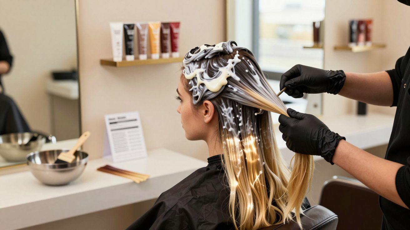 Stilist aplică decolorant pe părul unei cliente la salon, purtând mănuși negre