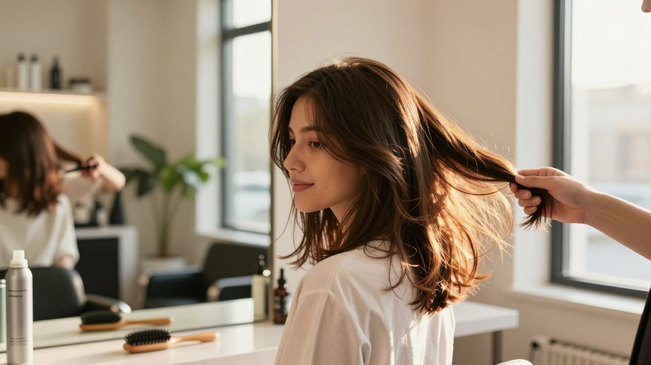 Clientă într-un salon de coafură, văzută din profil; stilist îi ridică părul lângă oglindă
