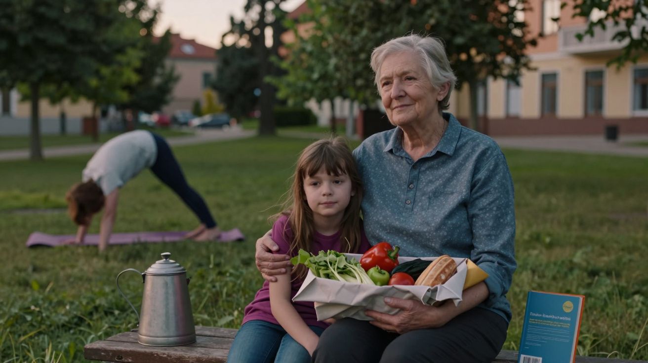 Bunică și nepoată pe o bancă în parc, țin un coș cu legume și pâine; în fundal o persoană face yoga.