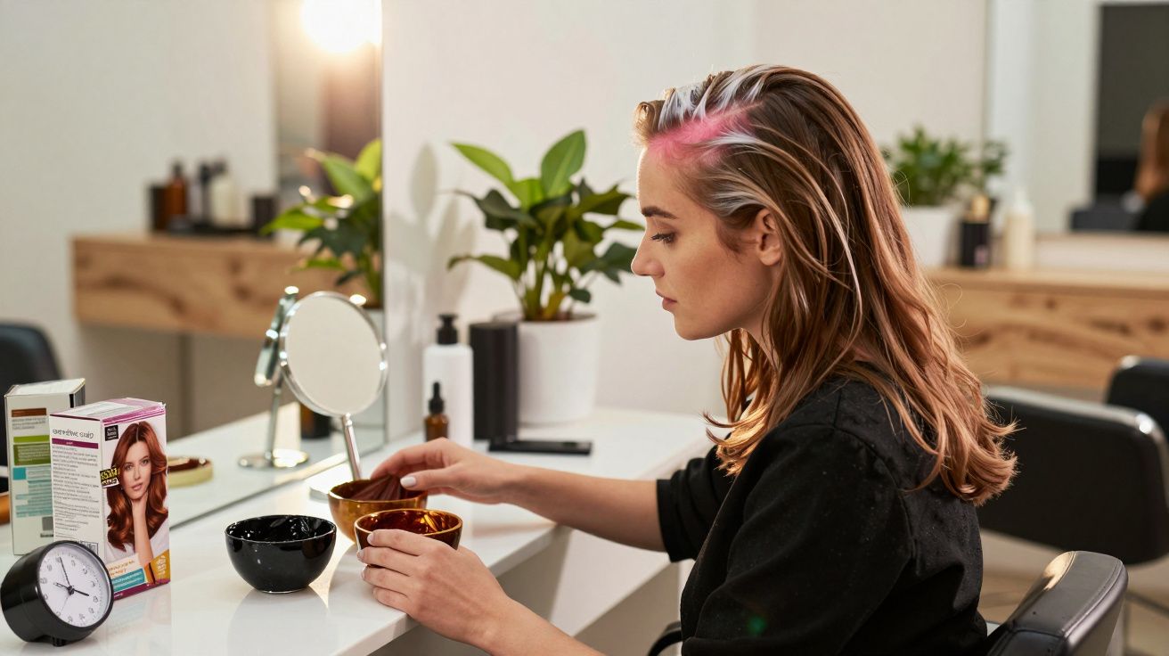 Femeie la salon pregătind vopsea de păr în boluri, cu cutii de vopsea, oglindă și plante pe masa de lucru.