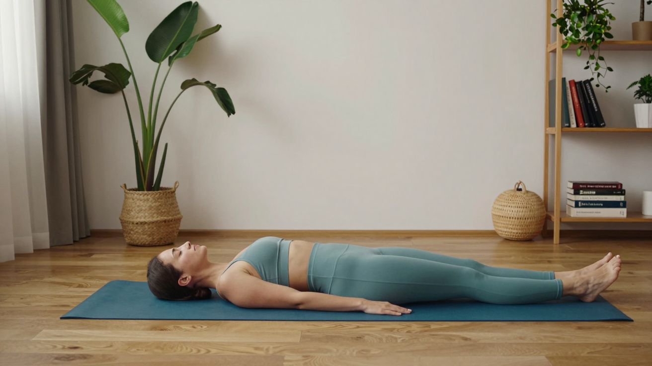 Femeie întinsă în postura Savasana pe saltea de yoga, într-un living luminos cu plante și raft de cărți.