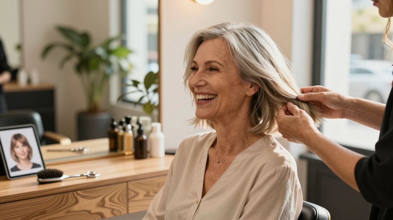 Femeie în vârstă zâmbitoare la coafor, stilist îi aranjează părul gri