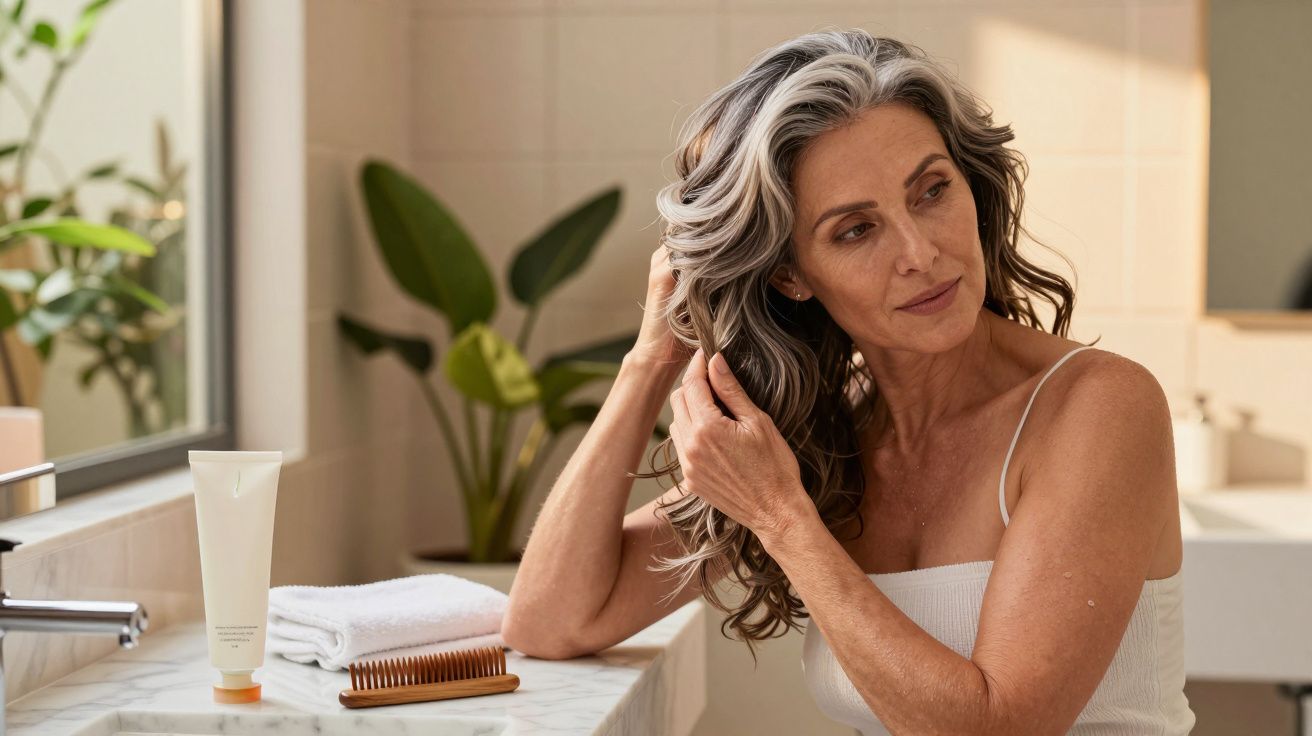 Femeie matură cu păr cărunt aranjându-și părul la chiuvetă, produse și pieptene pe blat