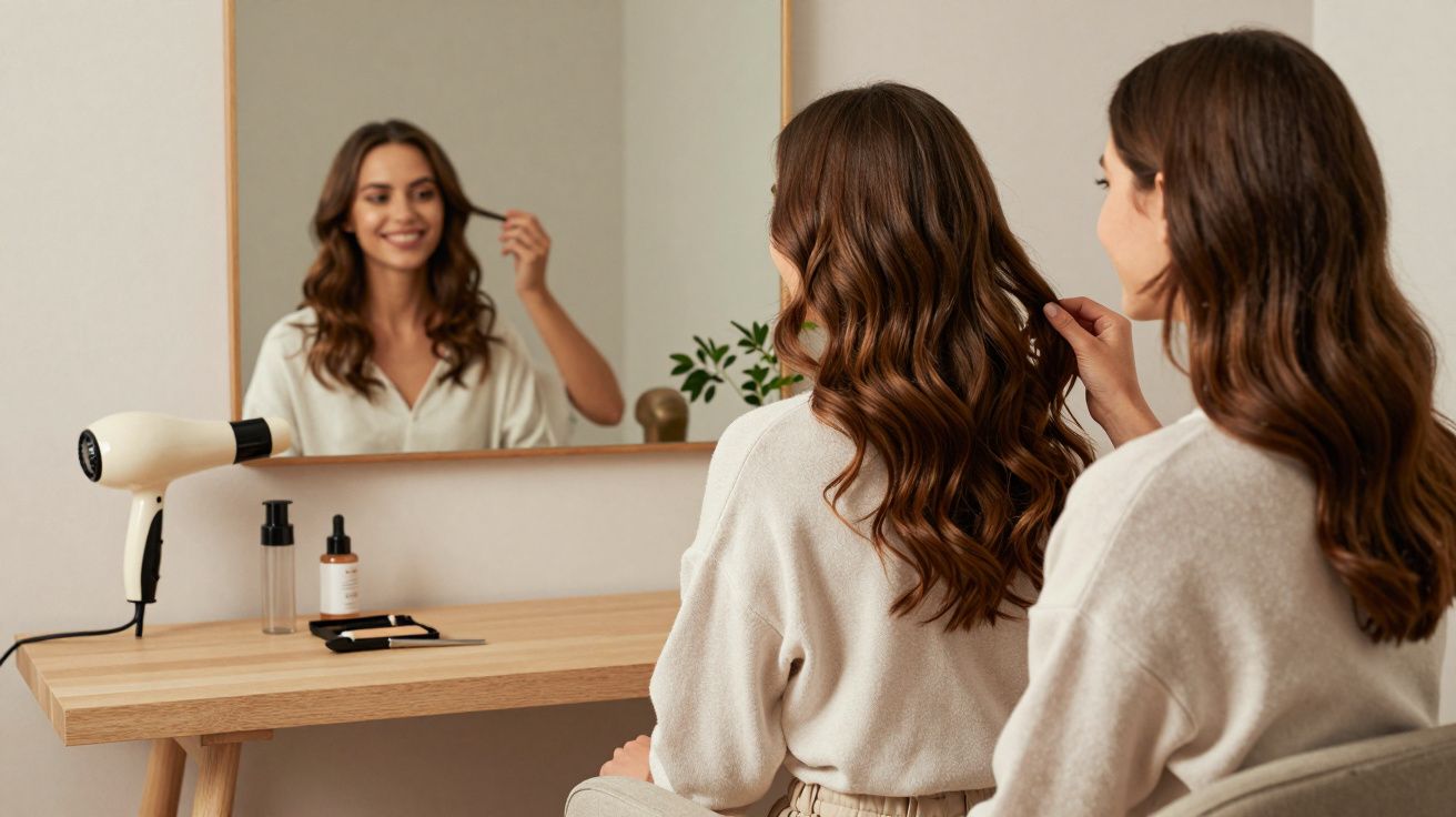 Femeie zâmbitoare își aranjează părul ondulat în fața unei oglinzi, pe un birou cu uscător și produse