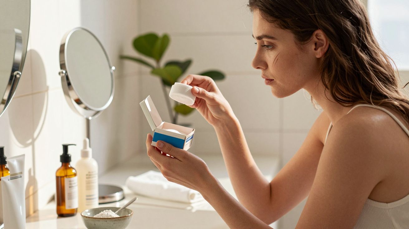 Femeie la chiuvetă în baie, ținând un borcan de cremă scos din cutie, cu produse cosmetice și oglindă