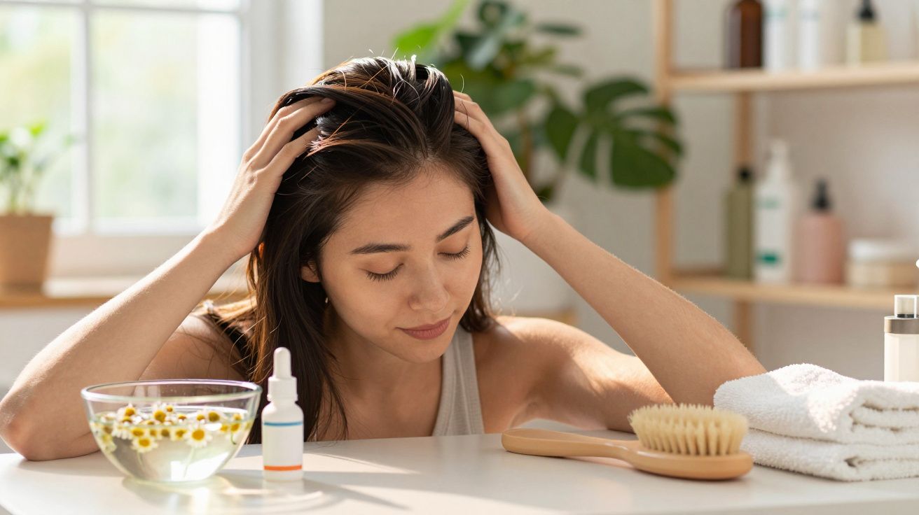 Femeie tânără își masează scalpul la o masă cu bol cu mușețel, flacon, perie și prosoape.