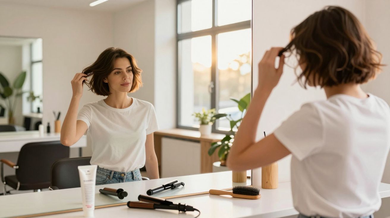 Femeie în tricou alb privind în oglindă, aranjându-și părul la masă cu perie și ondulator