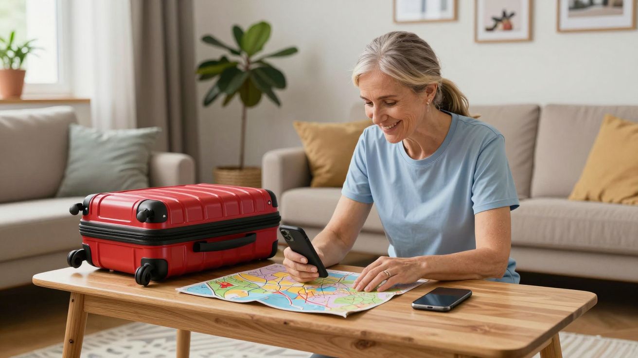 Femeie în vârstă planifică o călătorie, consultă hartă și telefon, valiză roșie pe masă în living