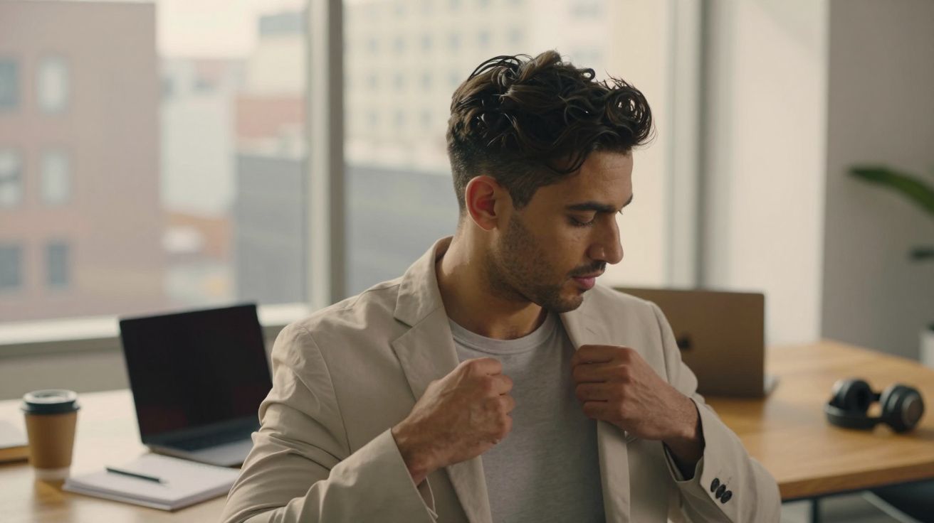 Bărbat tânăr ajustându-și sacoul într-un birou cu laptop, ceașcă de cafea și panoramă urbană la fereastră.